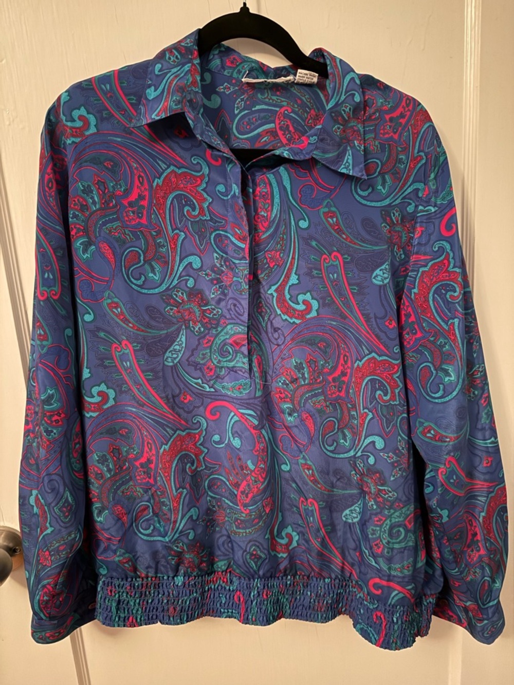 90s Alfred Dunner Blue Paisley Button Top with Pink & Teal Accents